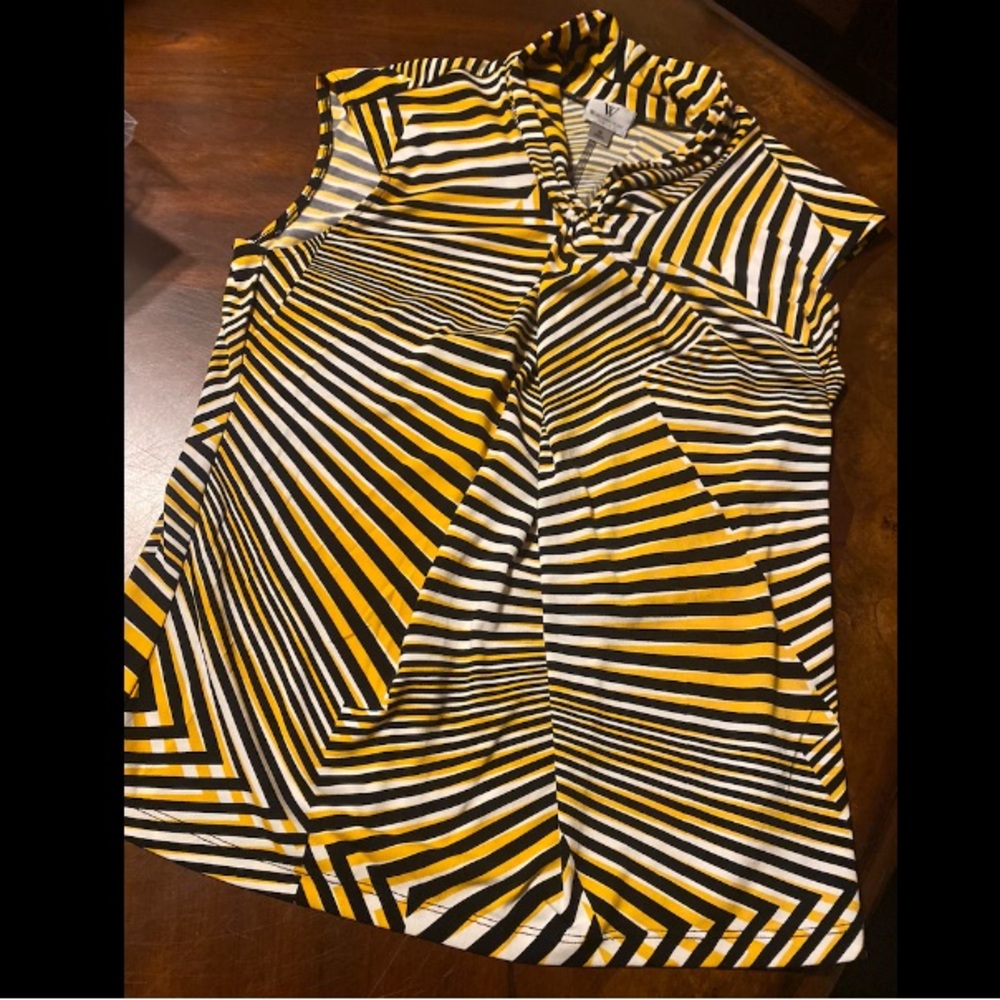 Worthington Yellow Black White Striped Sleeveless Blouse